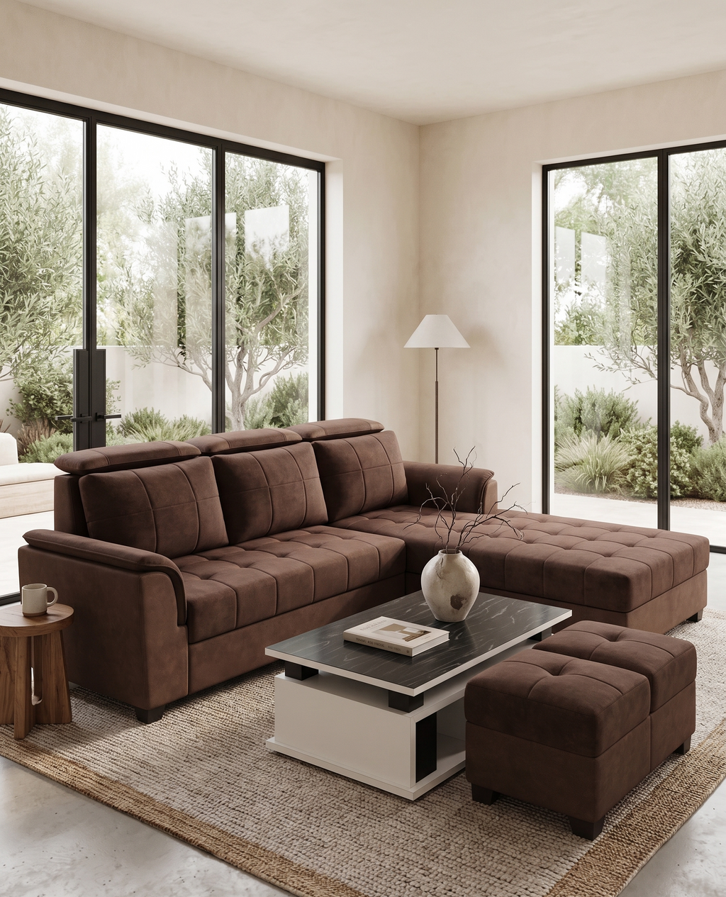 Luxury Mocha Brown Grid-Tufted Corner Sofa with Chaise Lounge