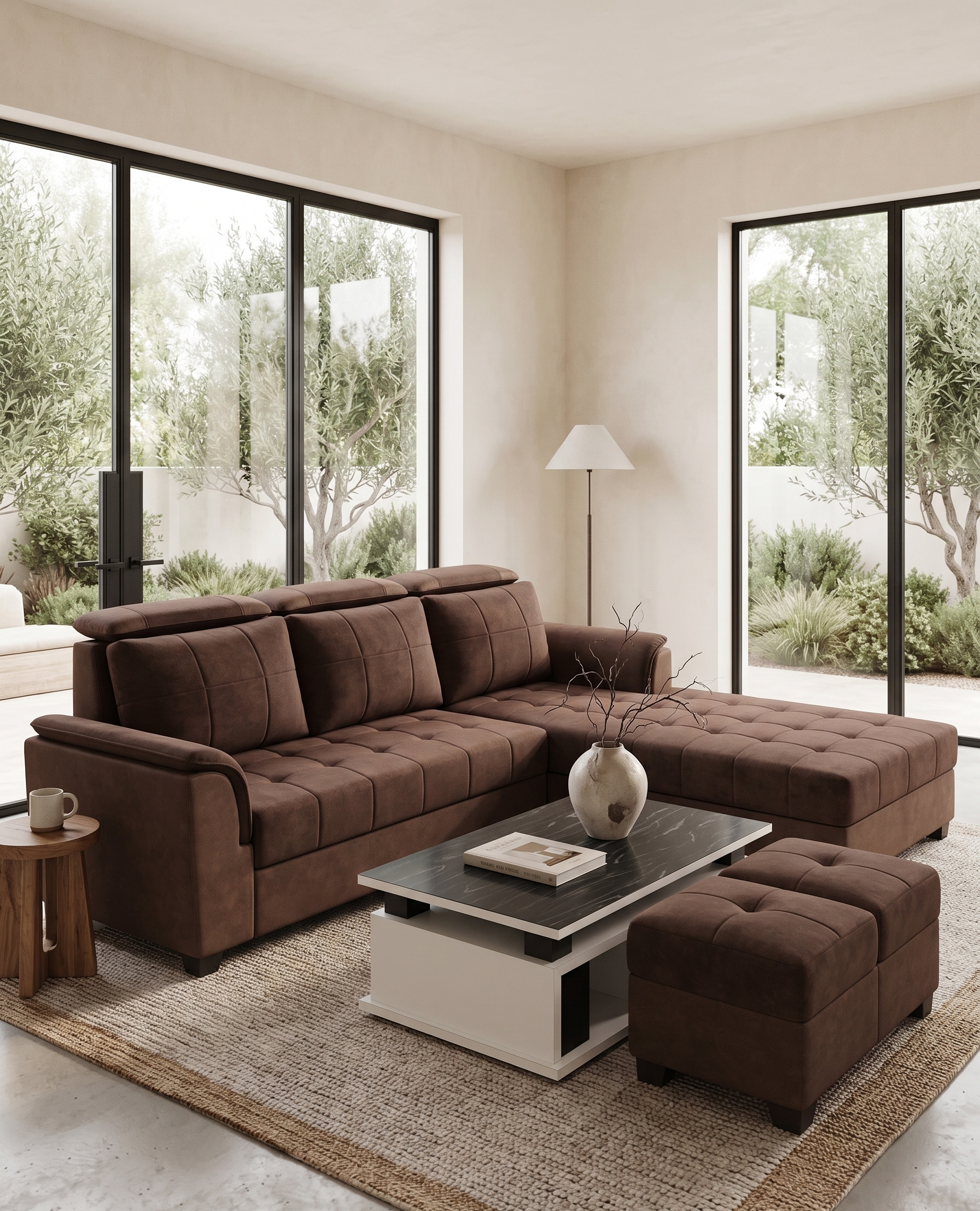 Luxury Mocha Brown Grid-Tufted Corner Sofa with Chaise Lounge