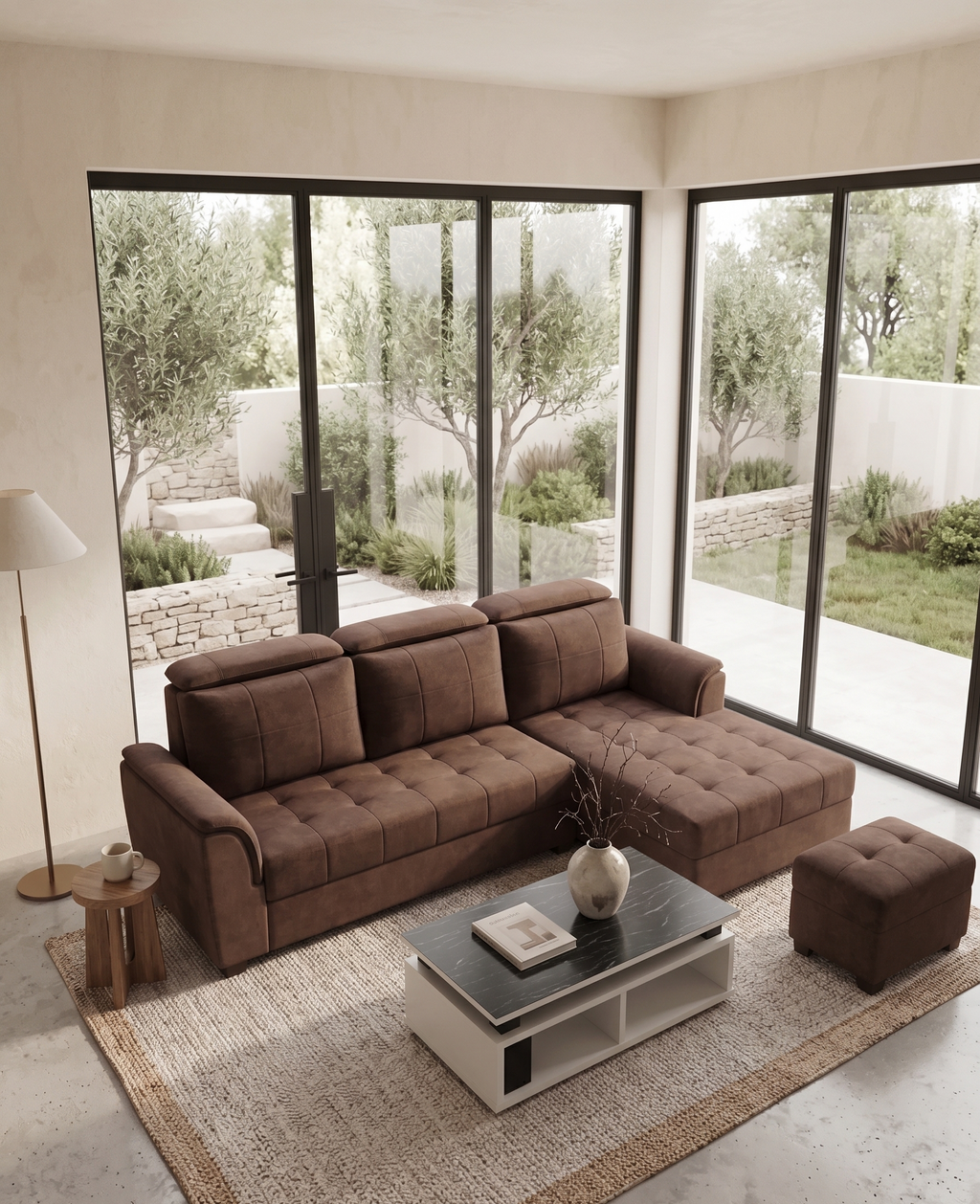 Luxury Mocha Brown Grid-Tufted Corner Sofa with Chaise Lounge