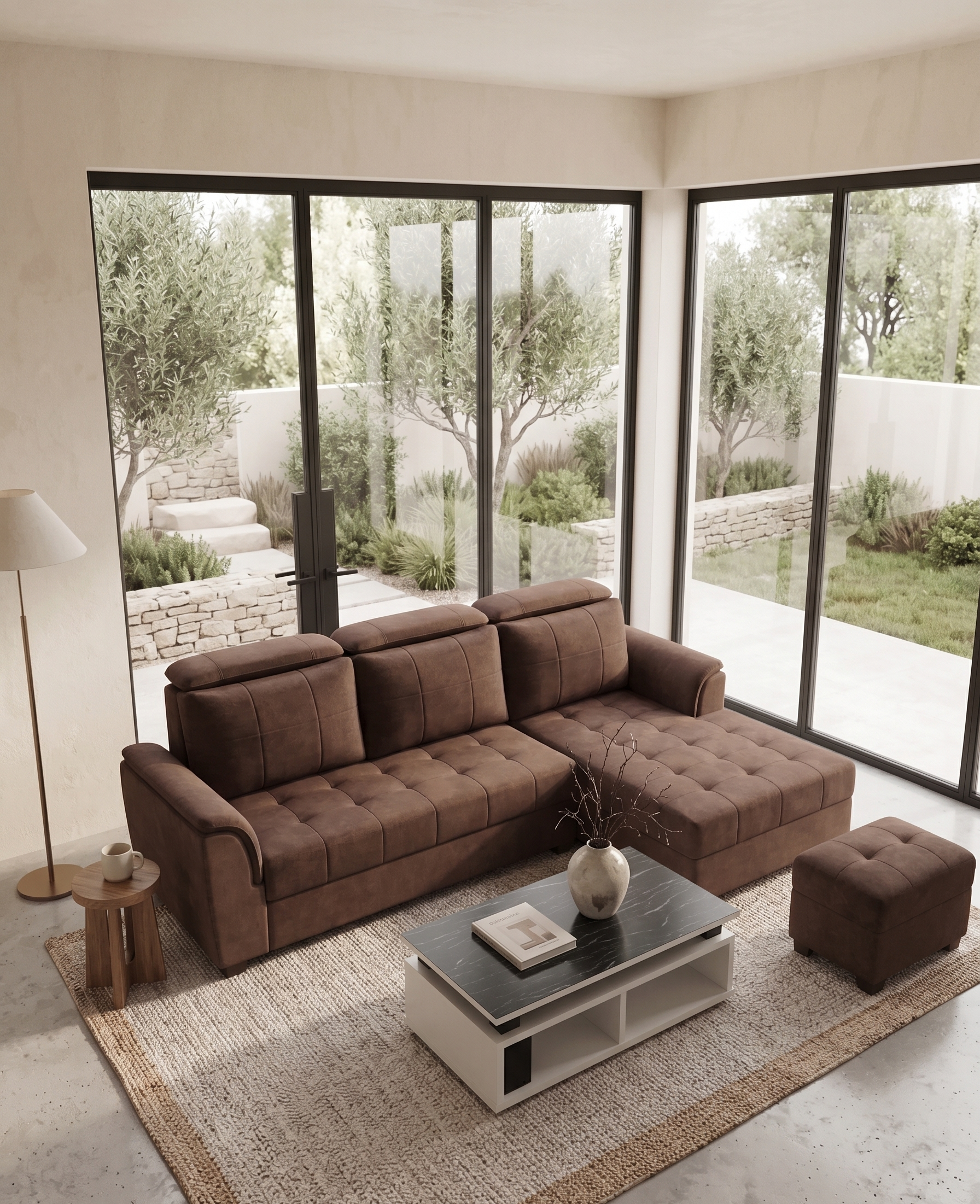 Luxury Mocha Brown Grid-Tufted Corner Sofa with Chaise Lounge