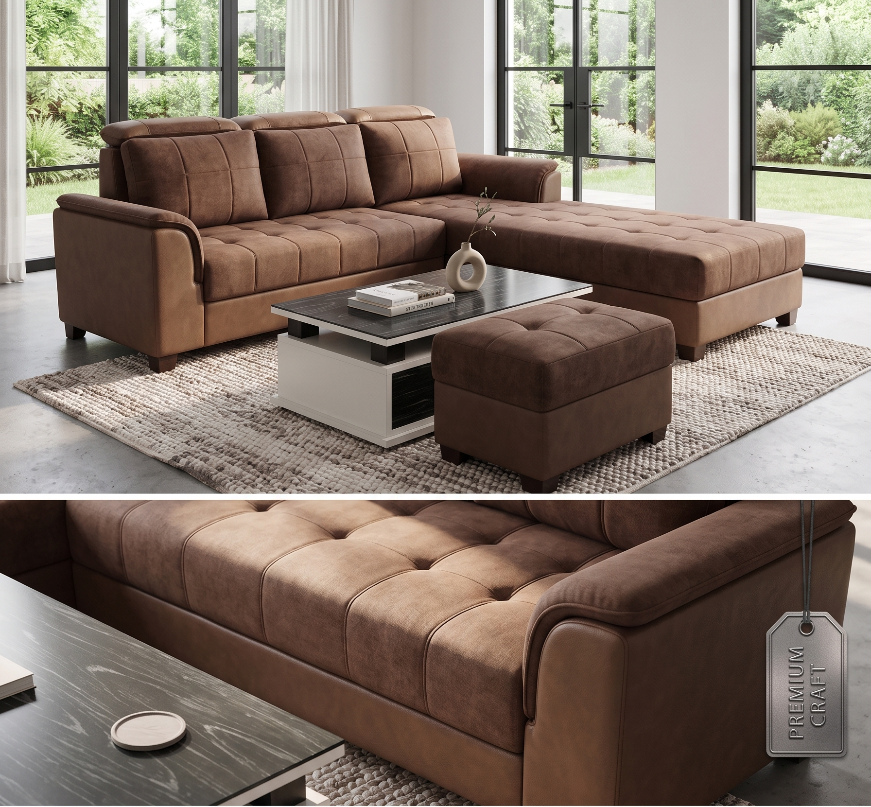 Luxury Mocha Brown Grid-Tufted Corner Sofa with Chaise Lounge