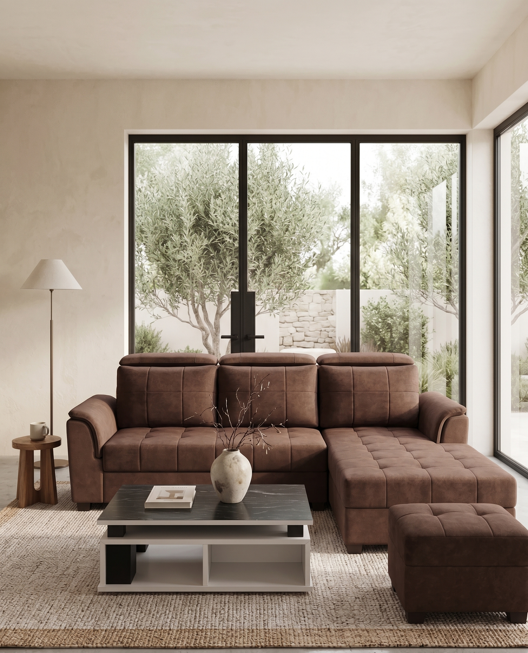 Luxury Mocha Brown Grid-Tufted Corner Sofa with Chaise Lounge