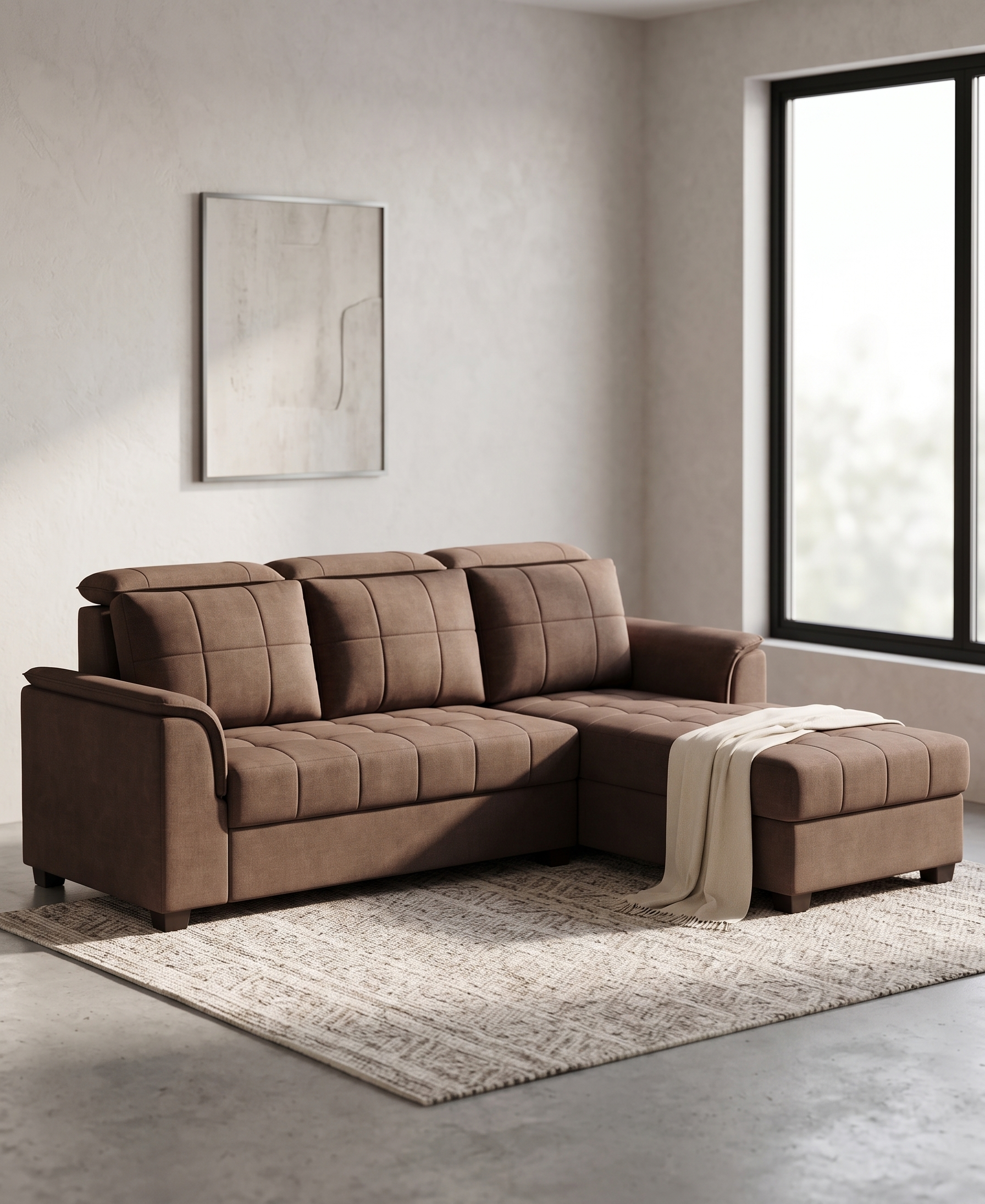 Luxury Mocha Brown Grid-Tufted Corner Sofa with Chaise Lounge